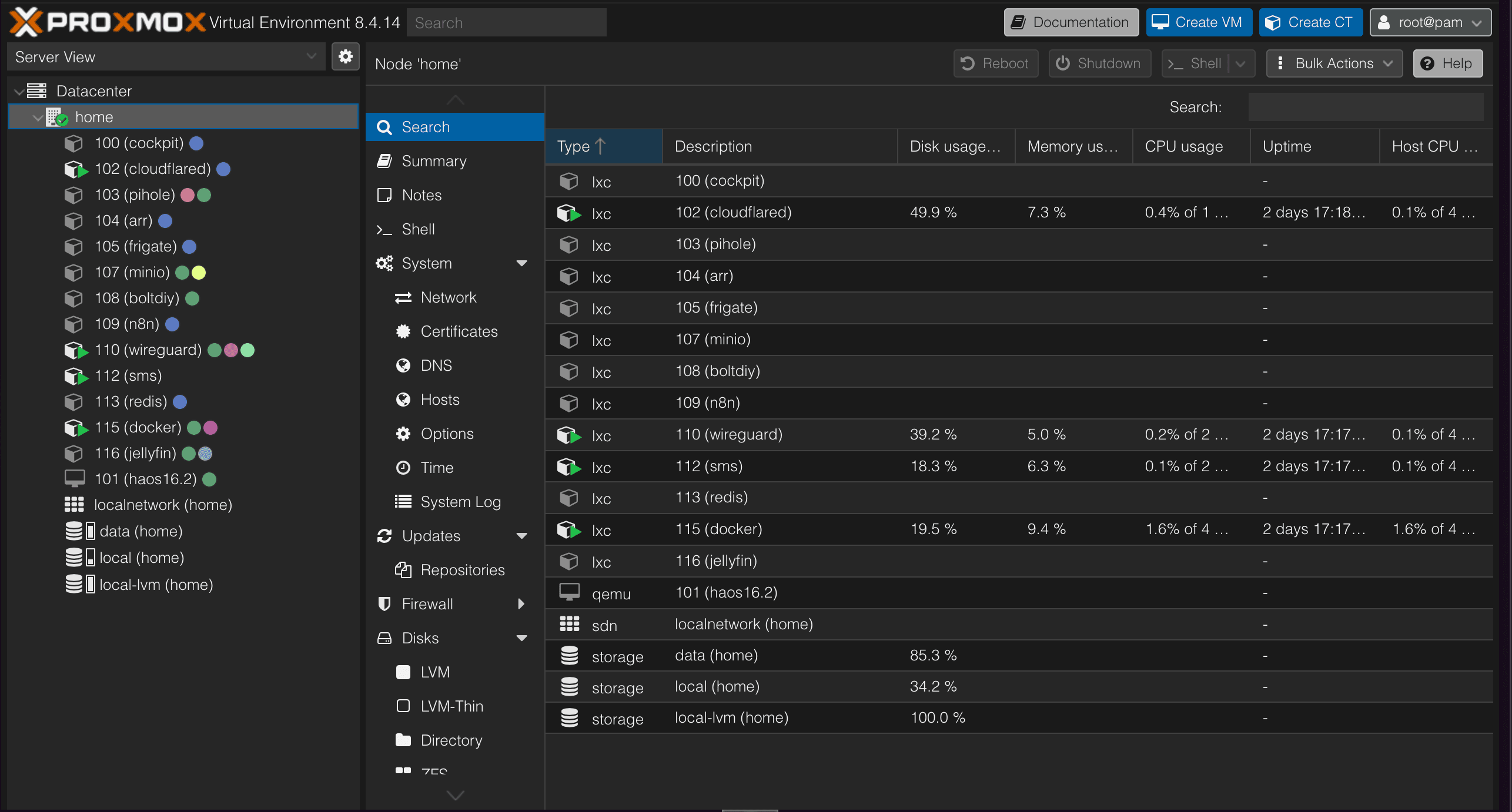 Proxmox VE dashboard showing the Ubuntu and Windows 10 VMs